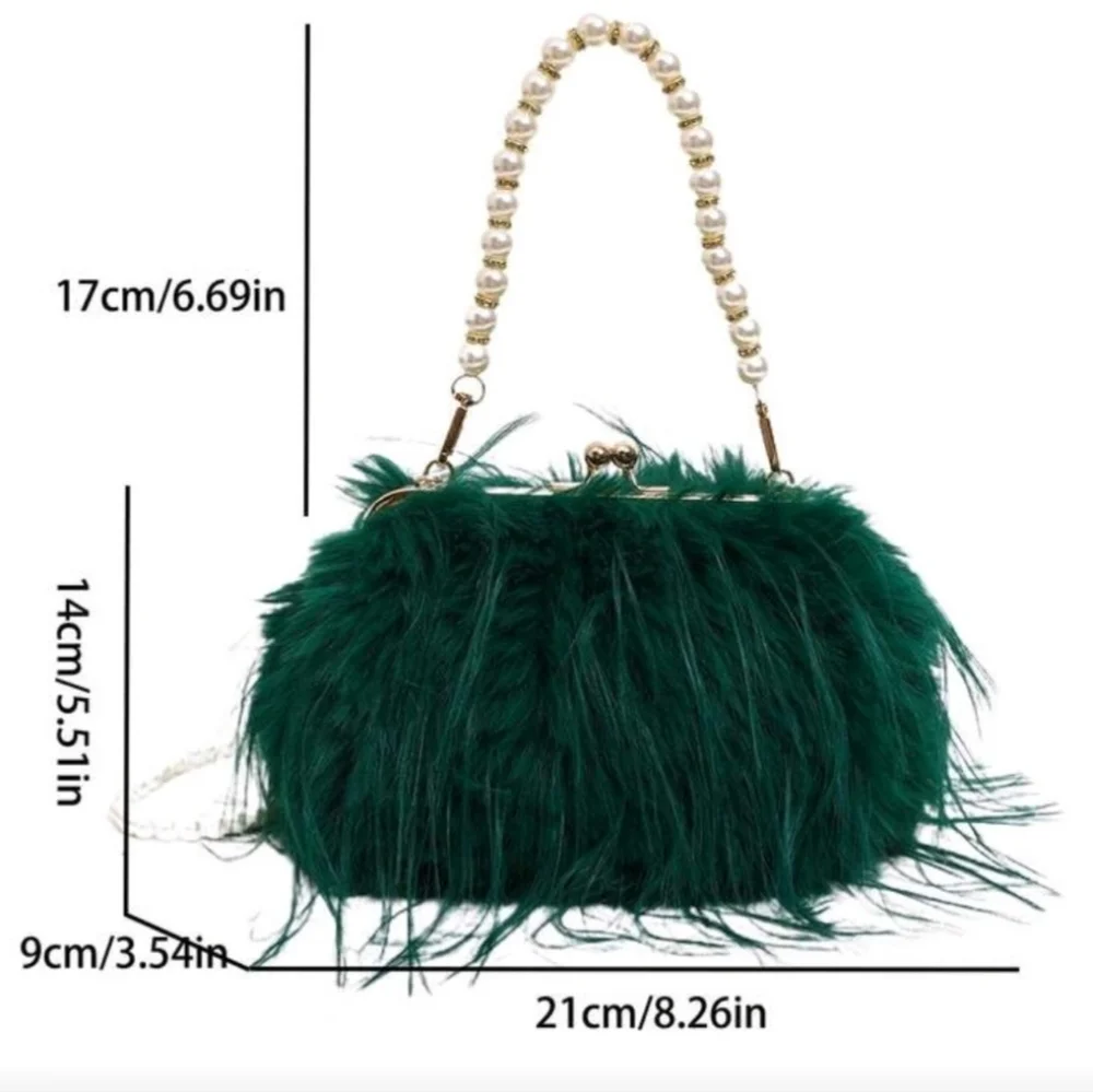NWT Emerald Green Fluffy Faux Fur Double Pearl Chain Cross Body Clutch Handbag